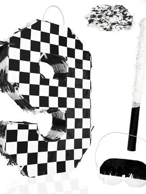 Black and White Checkered Number 9 Party Pinata - Premium Party Supplies